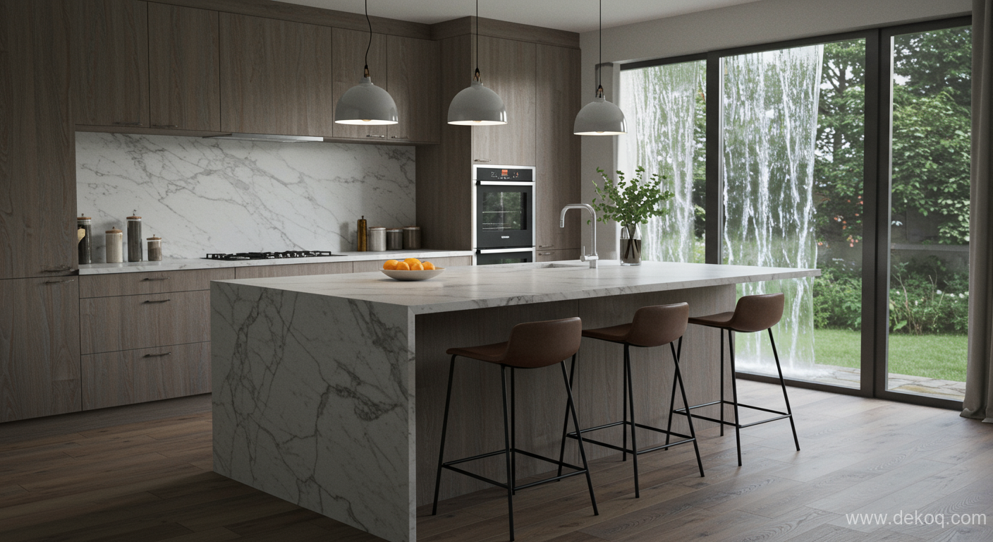 Monolithic kitchen island - kitchen decor - The Monolithic Presence of the Waterfall Kitchen Island - monolithic kitchen island - Dekoq | Interior Design Ideas & Home