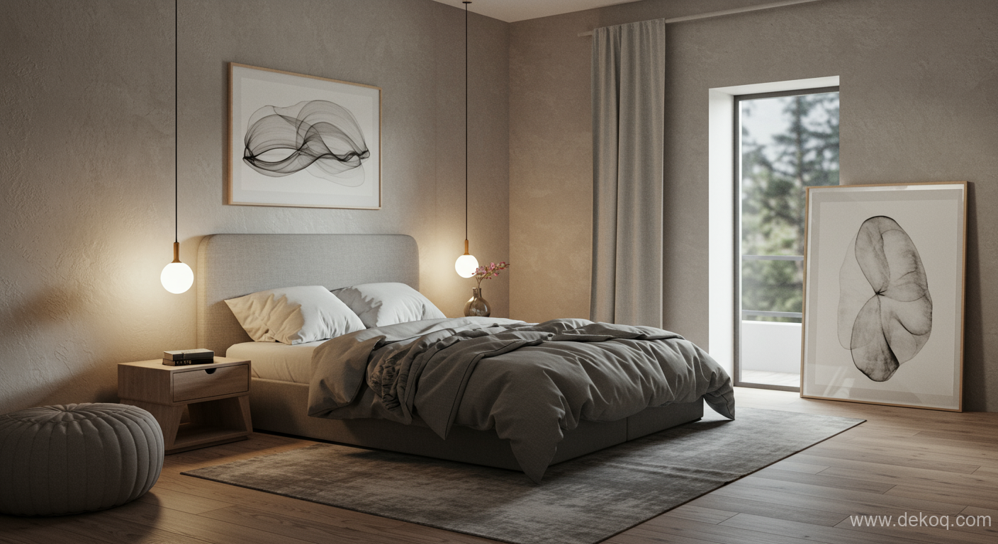 Calm Bedroom Composition - minimalist space - Anatomy of a Serene Minimalist Bedroom Sanctuary - Master art Calm - Dekoq | Interior Design Ideas & Home Inspiration