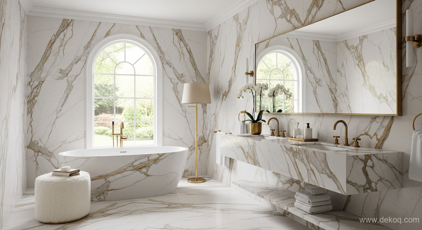 Calacatta bath elegance - marble bathroom - Calacatta Gold Marble Bath Sanctuary Elevated Elegance - Achieve Calacatta bath - Dekoq | Interior Design Ideas & Home