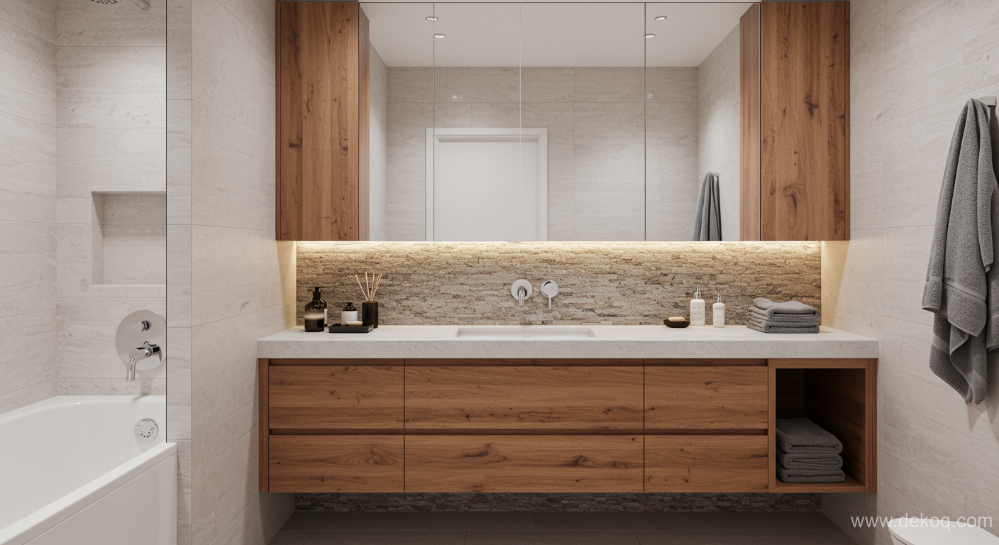 Dual Material Vanity - bathroom vanity - A Floating Vanity's Composition in Wood and Stone - Elevate your space - Dekoq | Interior Design Ideas & Home Inspiration