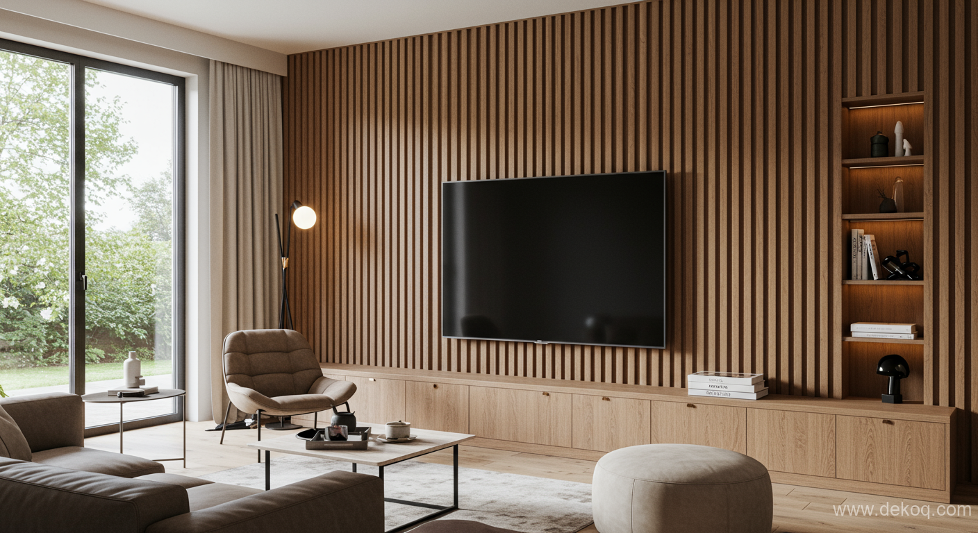 Rhythmic Wood Cladding - TV unit design - Linear Rhythm Deconstructing the Fluted Wood Entertainment Wall - Rhythmic Wood Cladding - Dekoq | Interior Design Ideas & Home